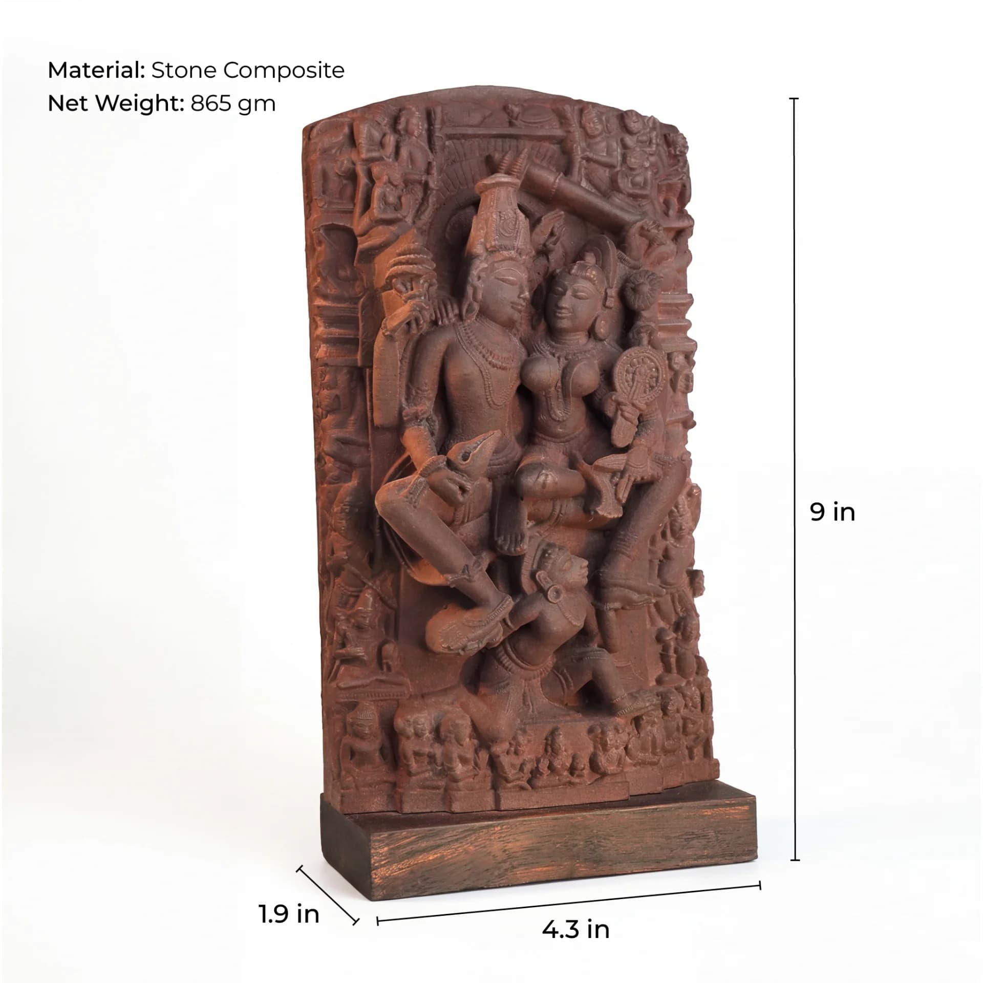 A stone composite Lakshmi Narayan Sculpture 9 Inch replica shown with measurement lines indicating height, width, and depth dimensions.