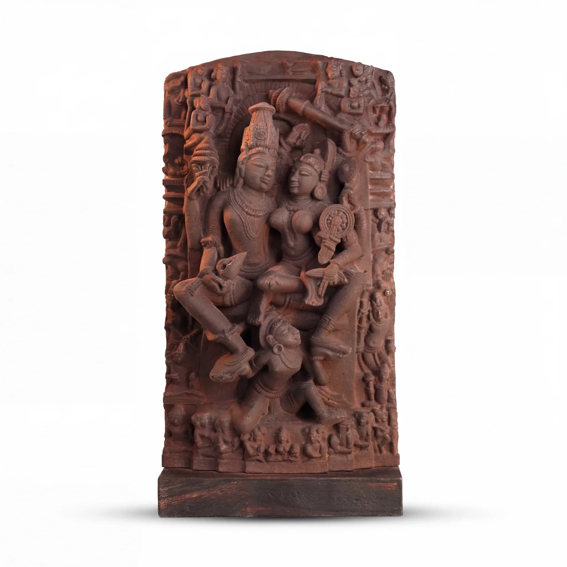 A front-facing view of the Lakshmi Narayan Sculpture, a hand-finished terracotta-style replica showcasing intricate 12th-century Indian stone carving details.