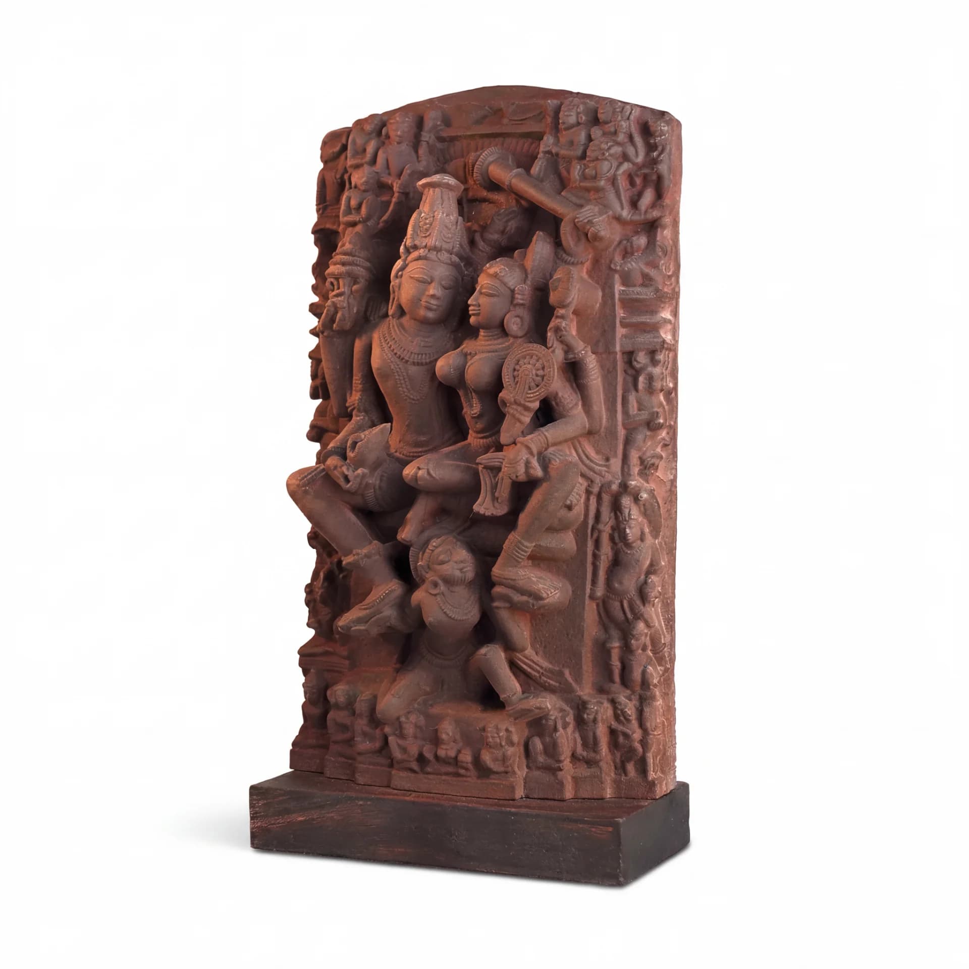 A detailed three-quarter view of the Lakshmi Narayan Sculpture, featuring intricate sandstone-style carvings of the divine couple on a dark base.