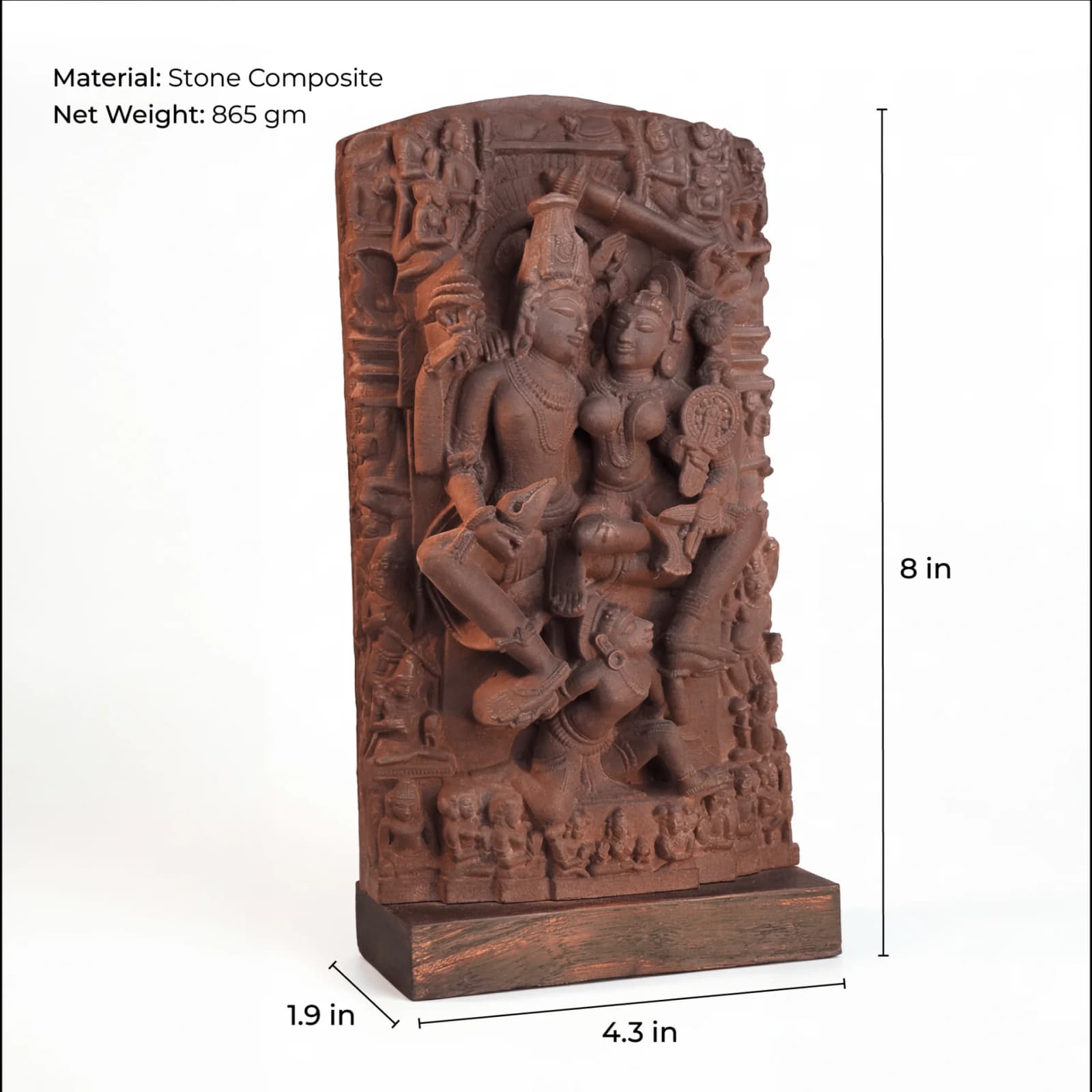 A three-quarter view of the Lakshmi Narayan Sculpture, a stone composite replica featuring detailed medieval carvings of deities.