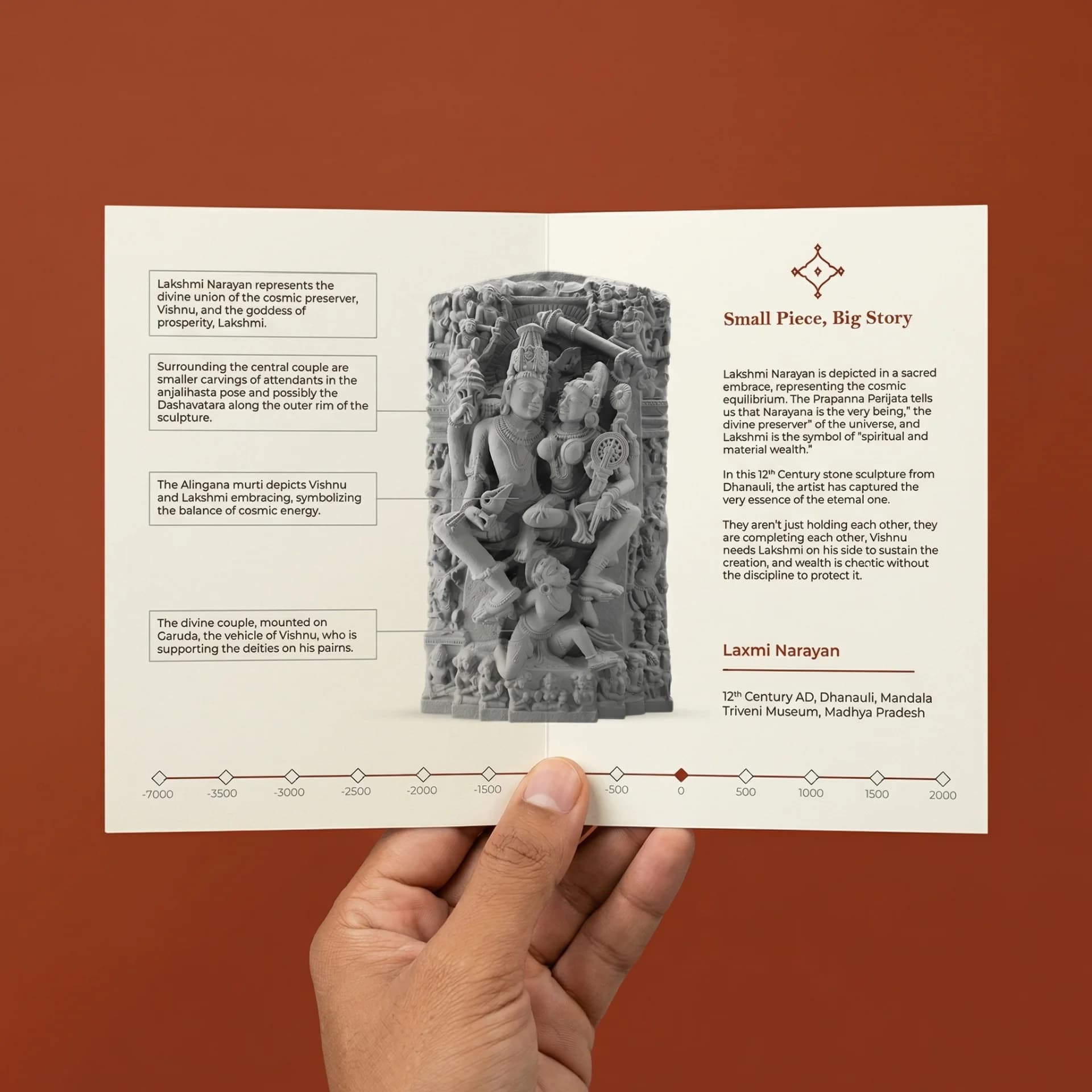 A hand holds an open brochure featuring the Lakshmi Narayan Sculpture, a detailed stone-style replica with historical annotations.