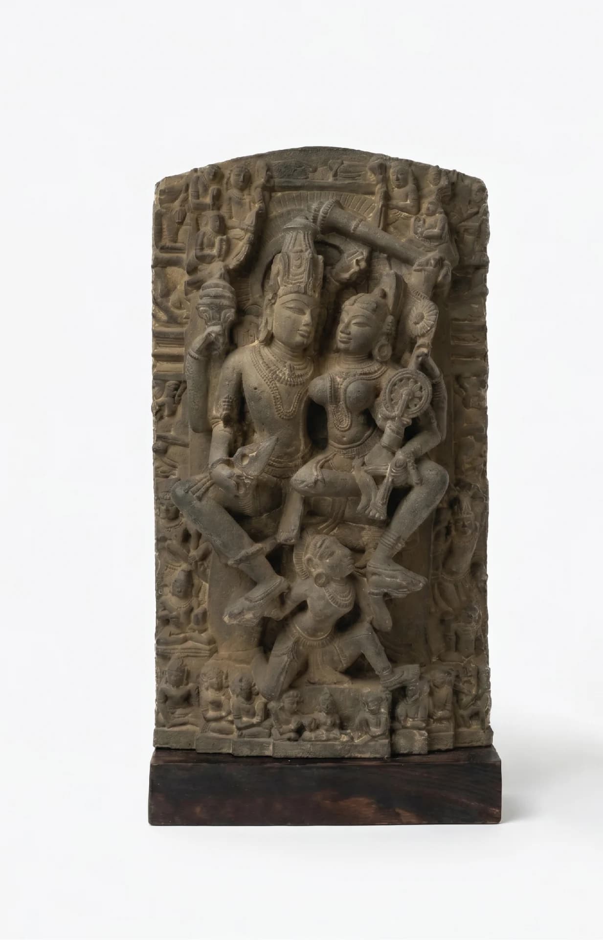 A full front view of the Lakshmi Narayan Sculpture, a hand-finished stone composite replica featuring intricate medieval Indian iconography.