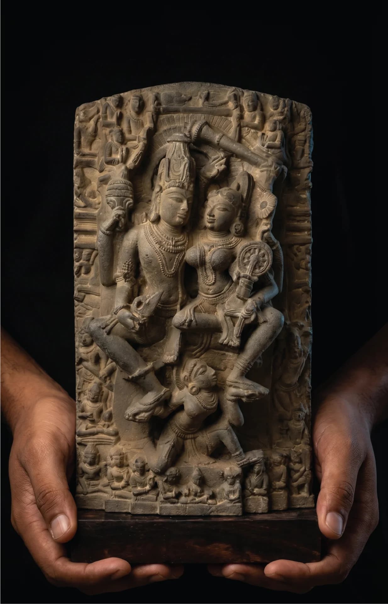 A pair of hands holds a hand-finished stone composite Lakshmi Narayan Sculpture featuring intricate 12th-century medieval iconography.