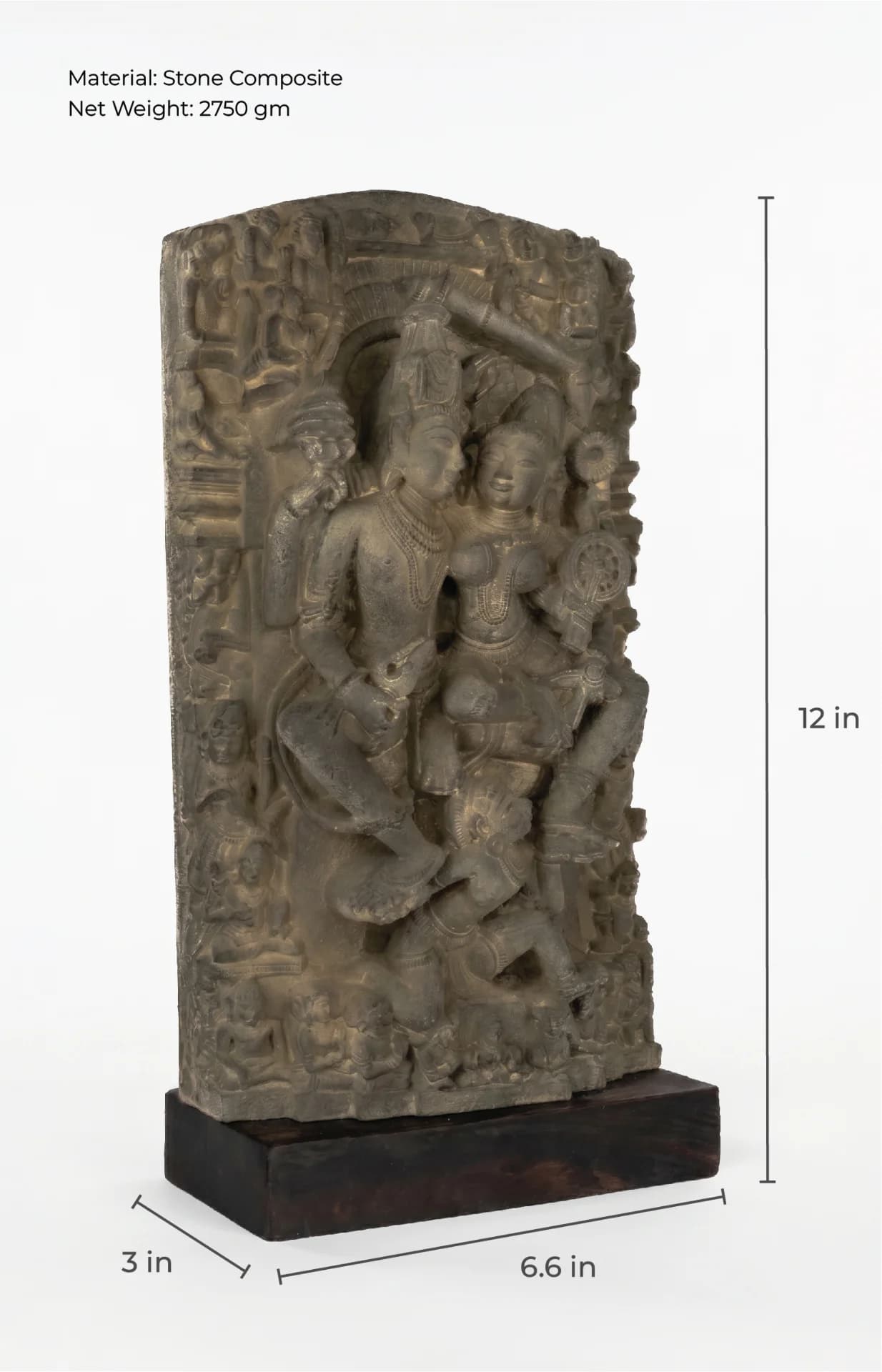 A three-quarter view of the Lakshmi Narayan Sculpture, a hand-finished stone composite replica showing intricate 12th-century iconography.