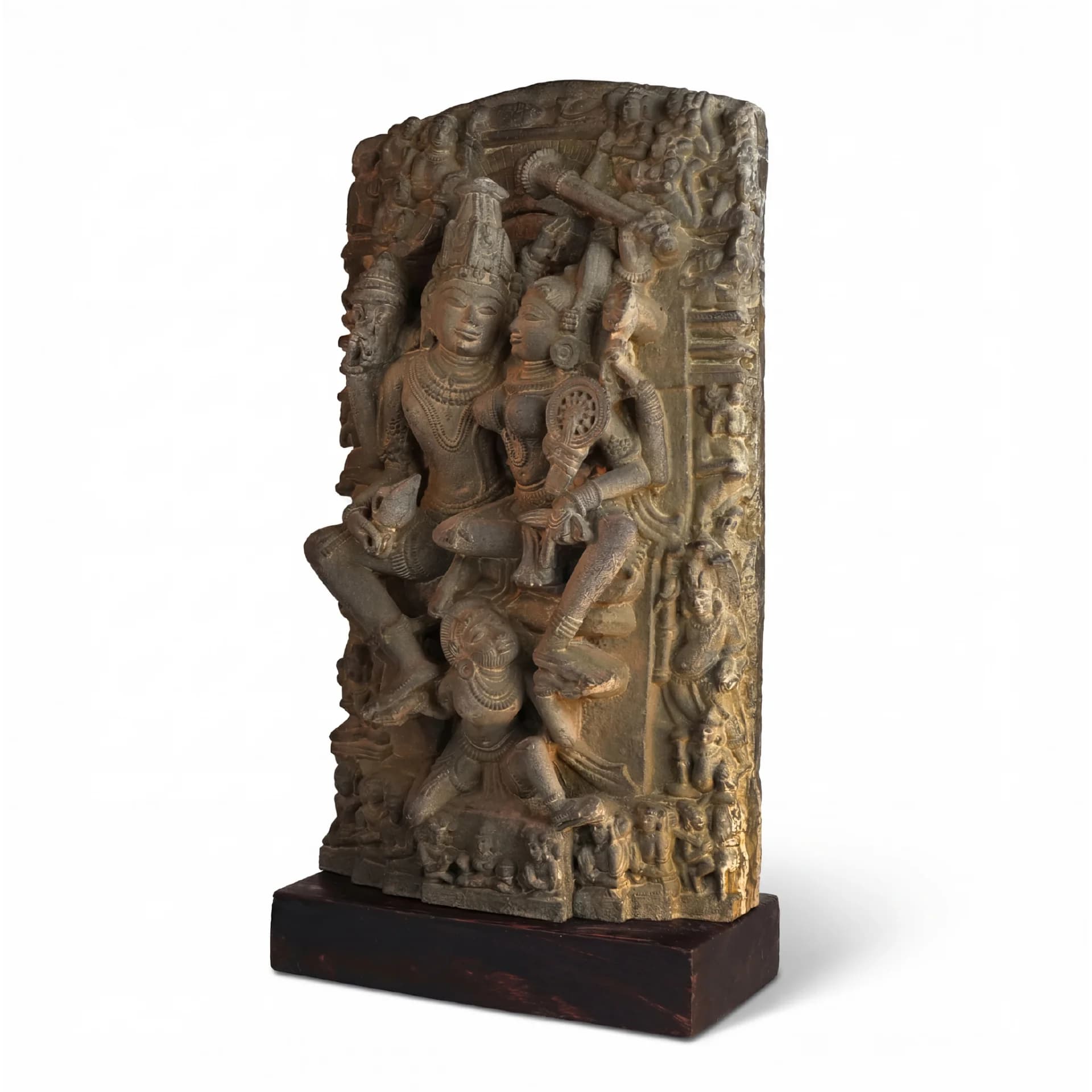 A three-quarter view of the Lakshmi Narayan Sculpture featuring intricate hand-finished stone carvings of the divine couple.