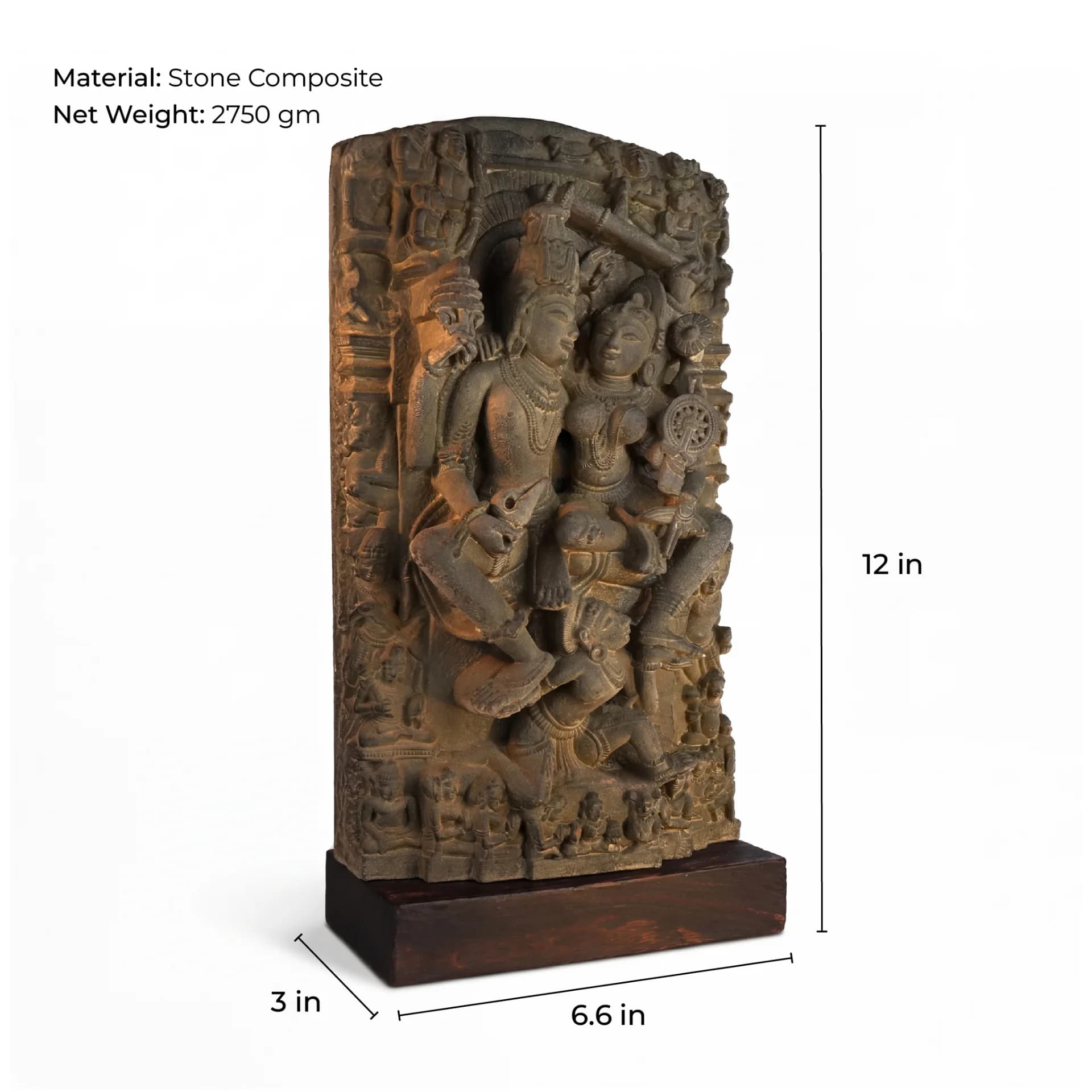A three-quarter view of the Lakshmi Narayan Sculpture, a stone composite replica showing intricate 12th-century style carvings.