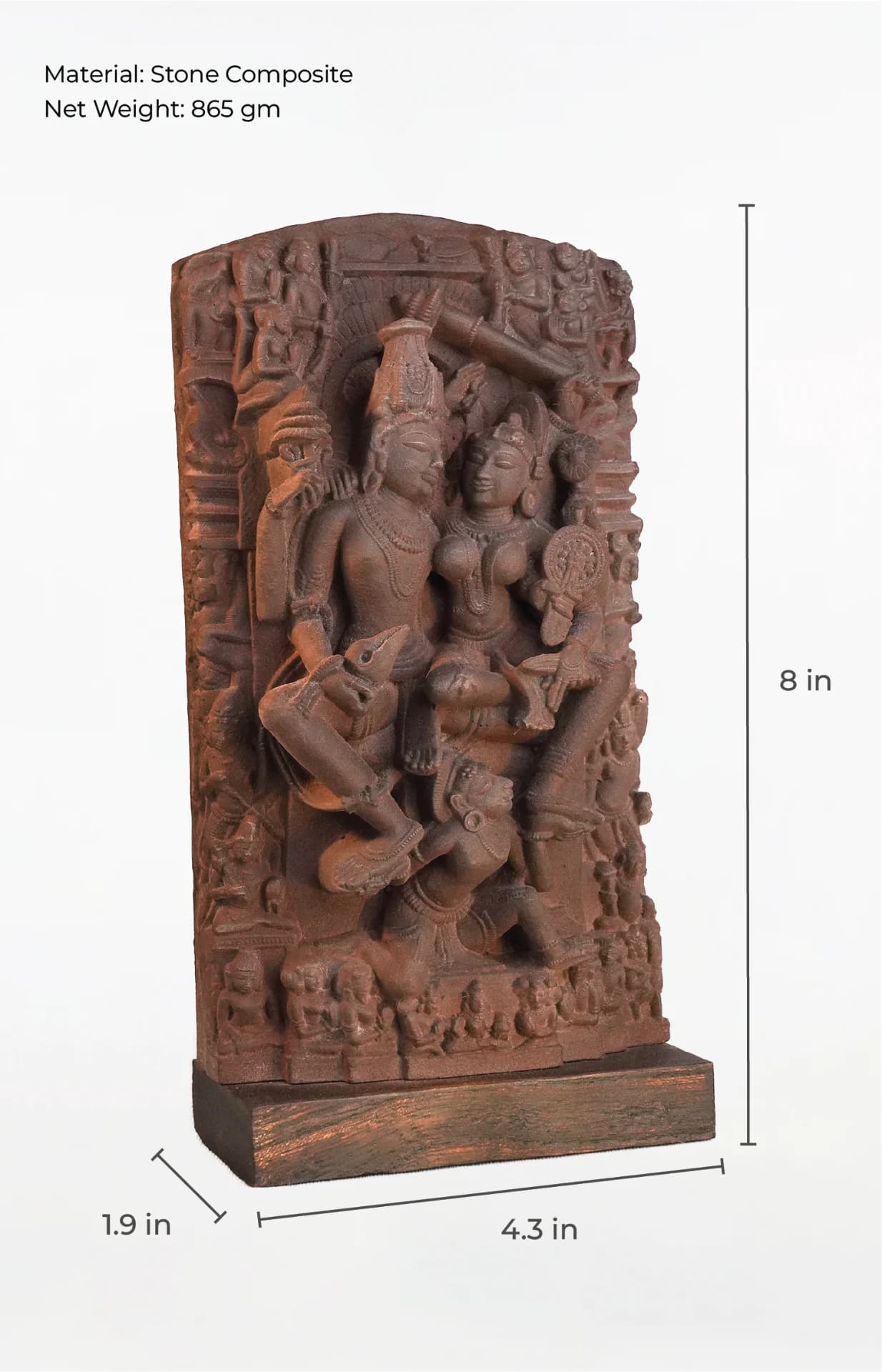 A stone composite Lakshmi Narayan Sculpture showing detailed medieval iconography with measurement annotations for height, width, and depth.