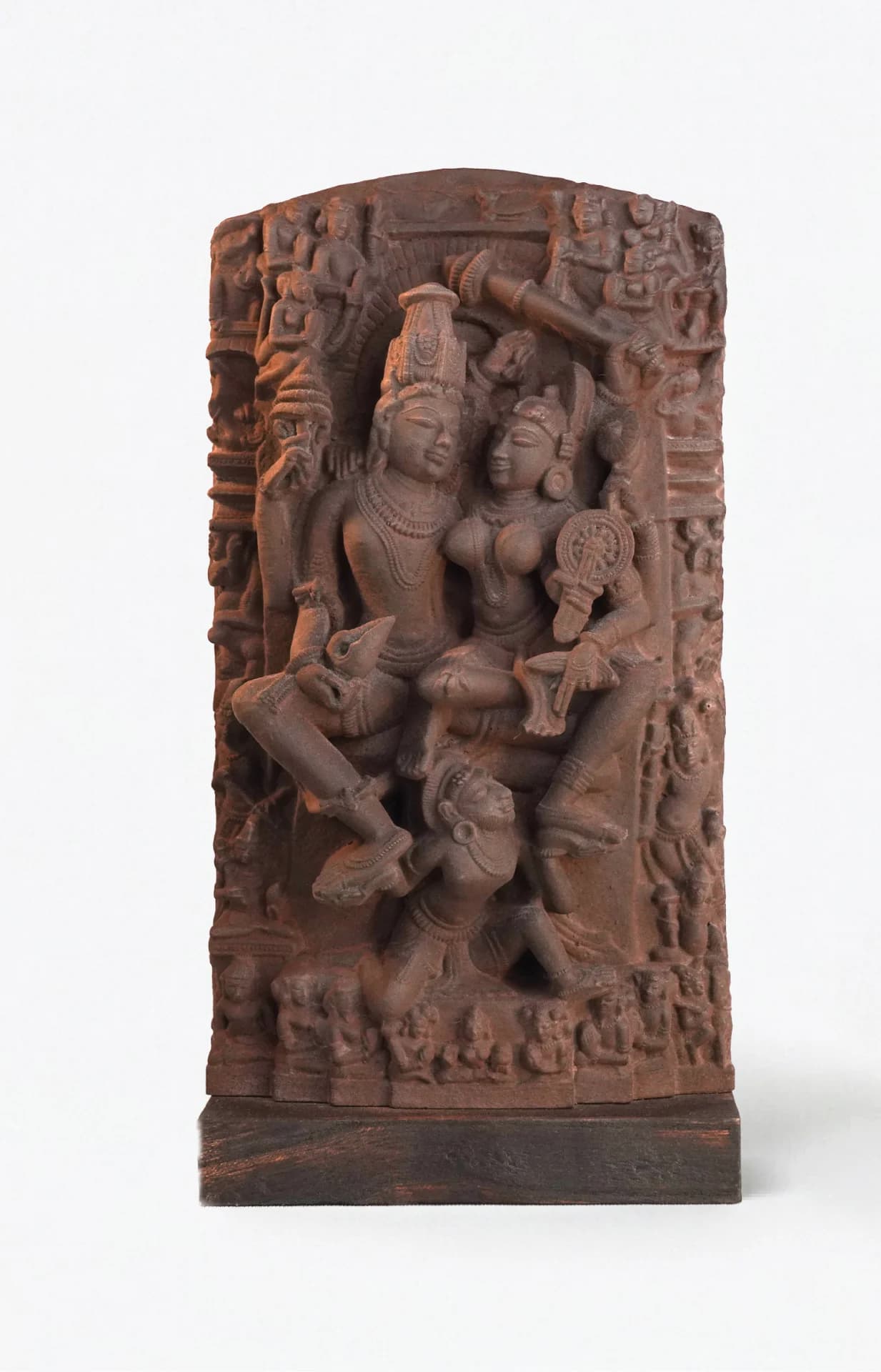 A full front view of the Lakshmi Narayan Sculpture, a stone composite replica featuring detailed medieval iconography of deities.