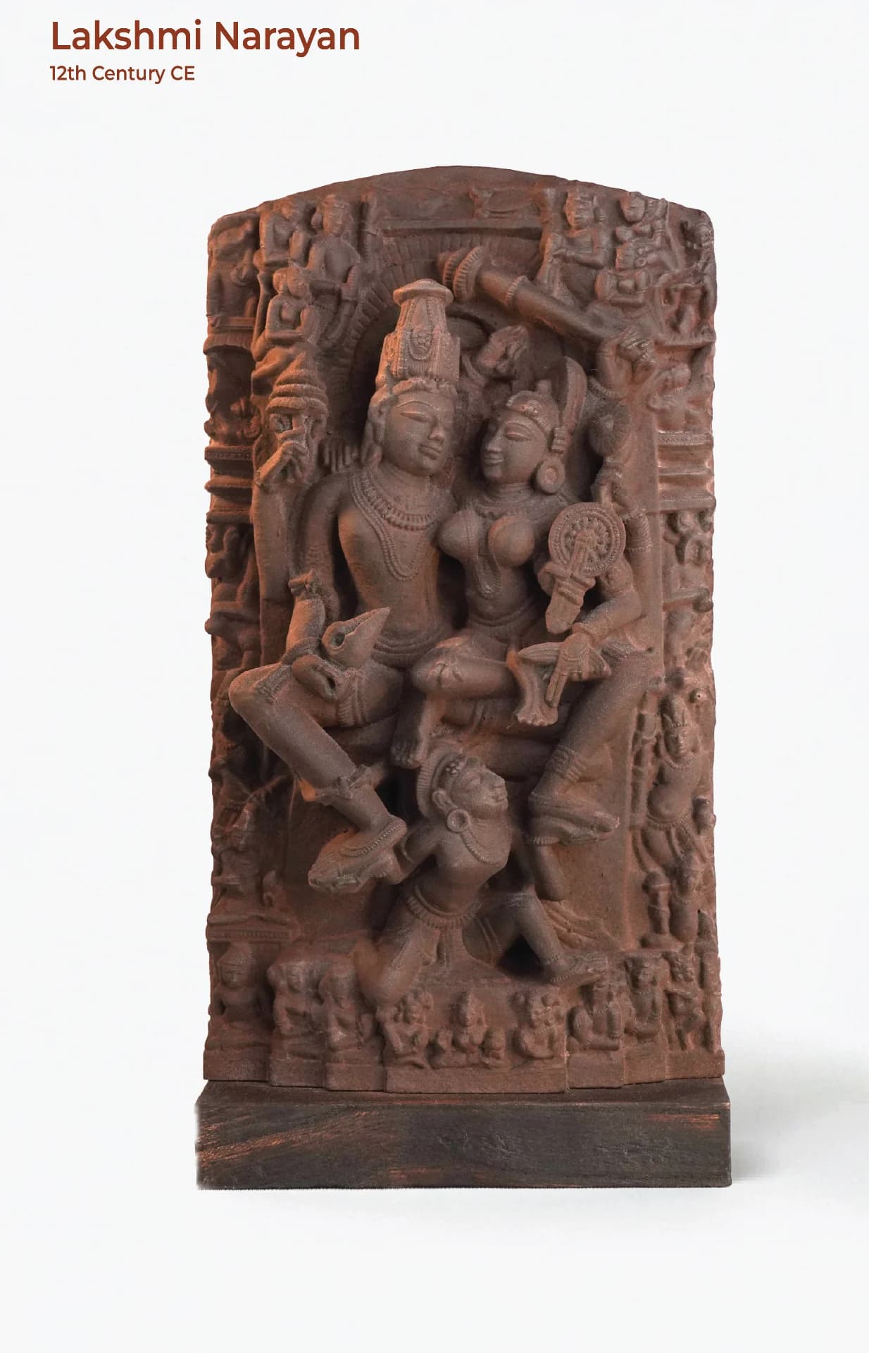 A full front view of the Lakshmi Narayan Sculpture, a hand-finished stone composite replica featuring intricate medieval Indian iconography.