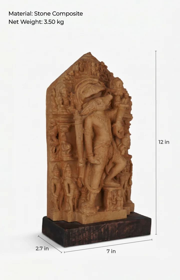 A three-quarter view of the Nar Varaha Sculpture, a hand-finished stone composite replica showing detailed temple art dimensions.