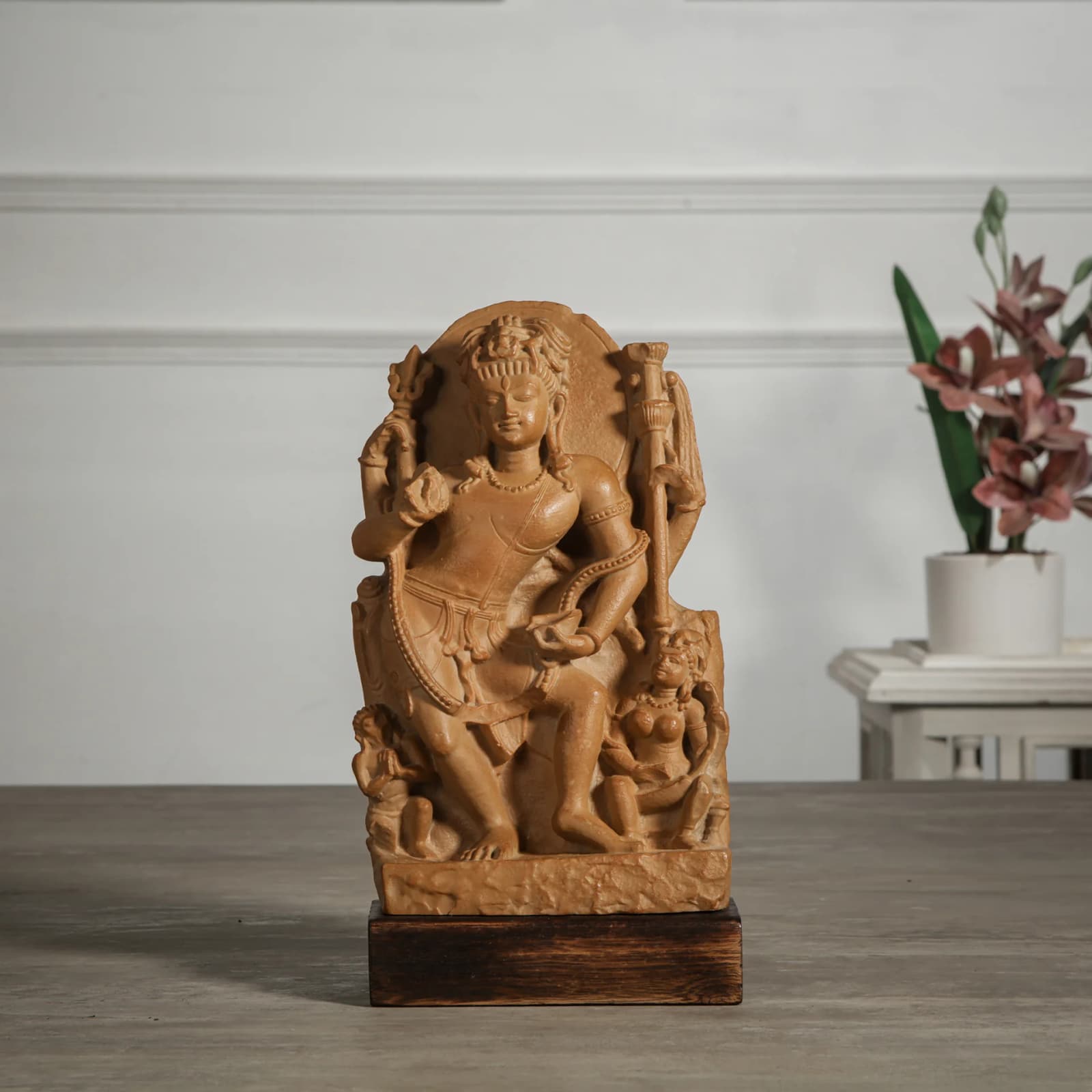 A front-facing view of the Natesh Shiva Sculpture, a stone composite replica showcasing intricate Pratihara style dancing figures.