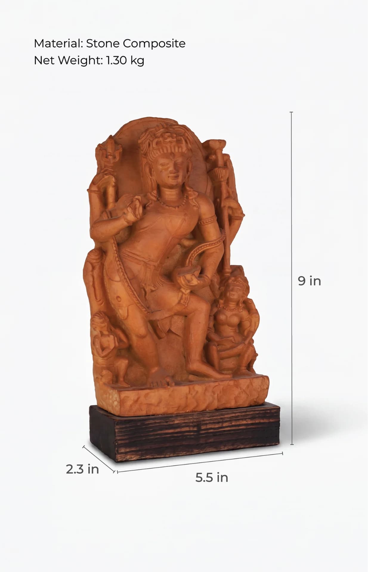 A front-facing view of the Natesh Shiva Sculpture, a stone composite museum replica showing dimensions and scale.