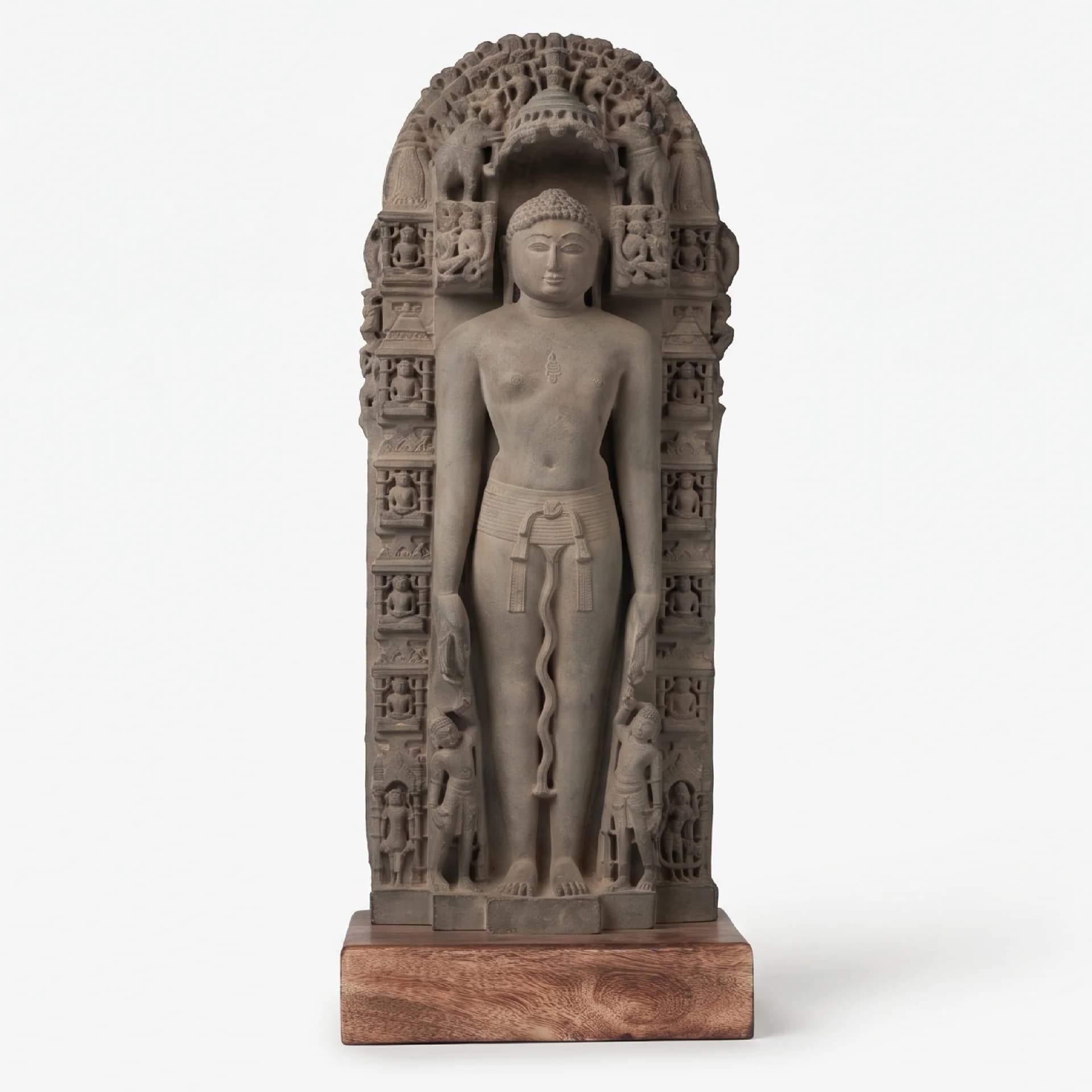 A full-length front view of the Parshvanath Sculpture, a stone composite museum replica showing the Tirthankara in standing posture.