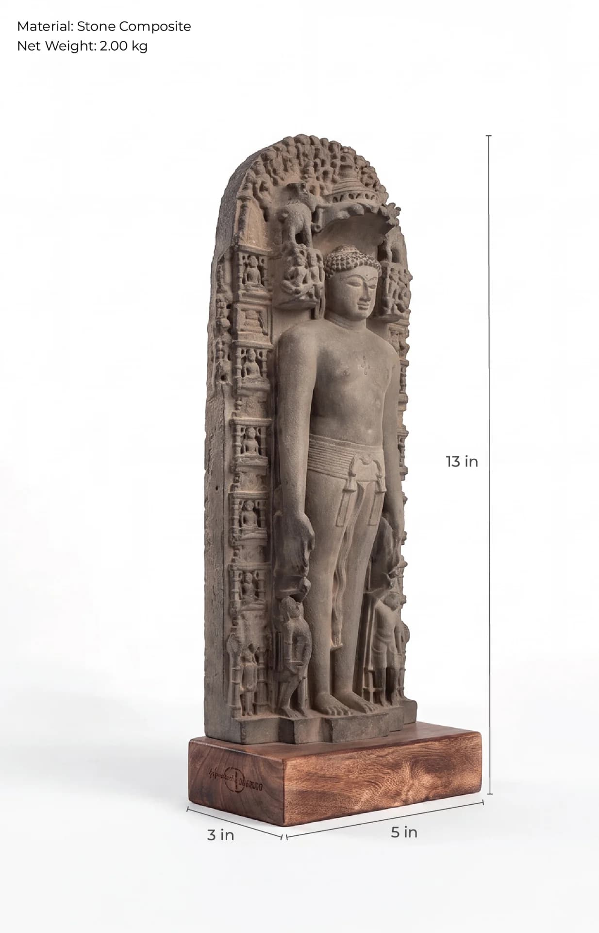 A three-quarter view of the Parshvanath Sculpture, a stone composite replica showing intricate carvings and dimensions on white.