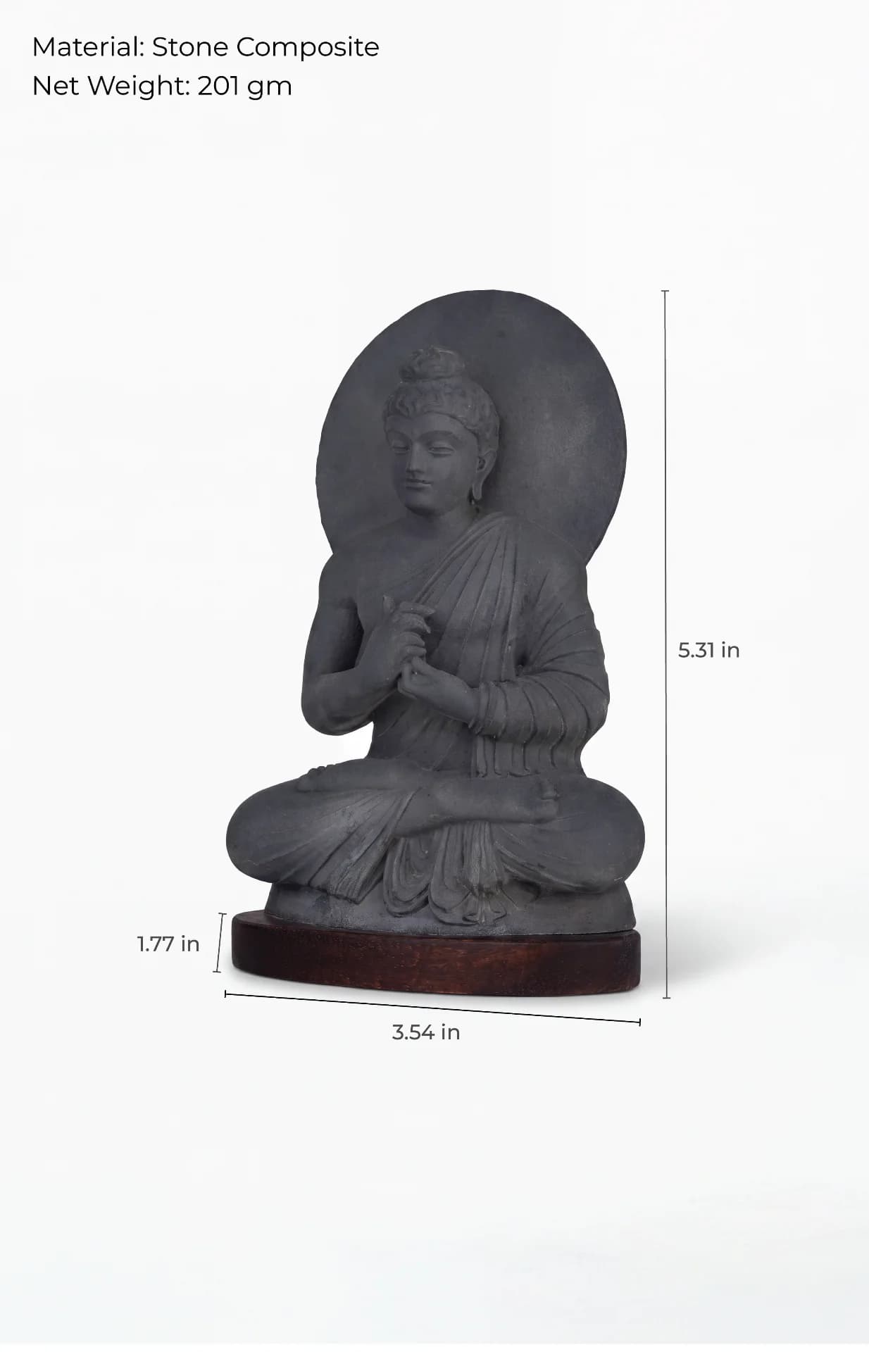A front-view studio shot of the Preaching Buddha stone composite statue, displaying its precise dimensions against a white background.