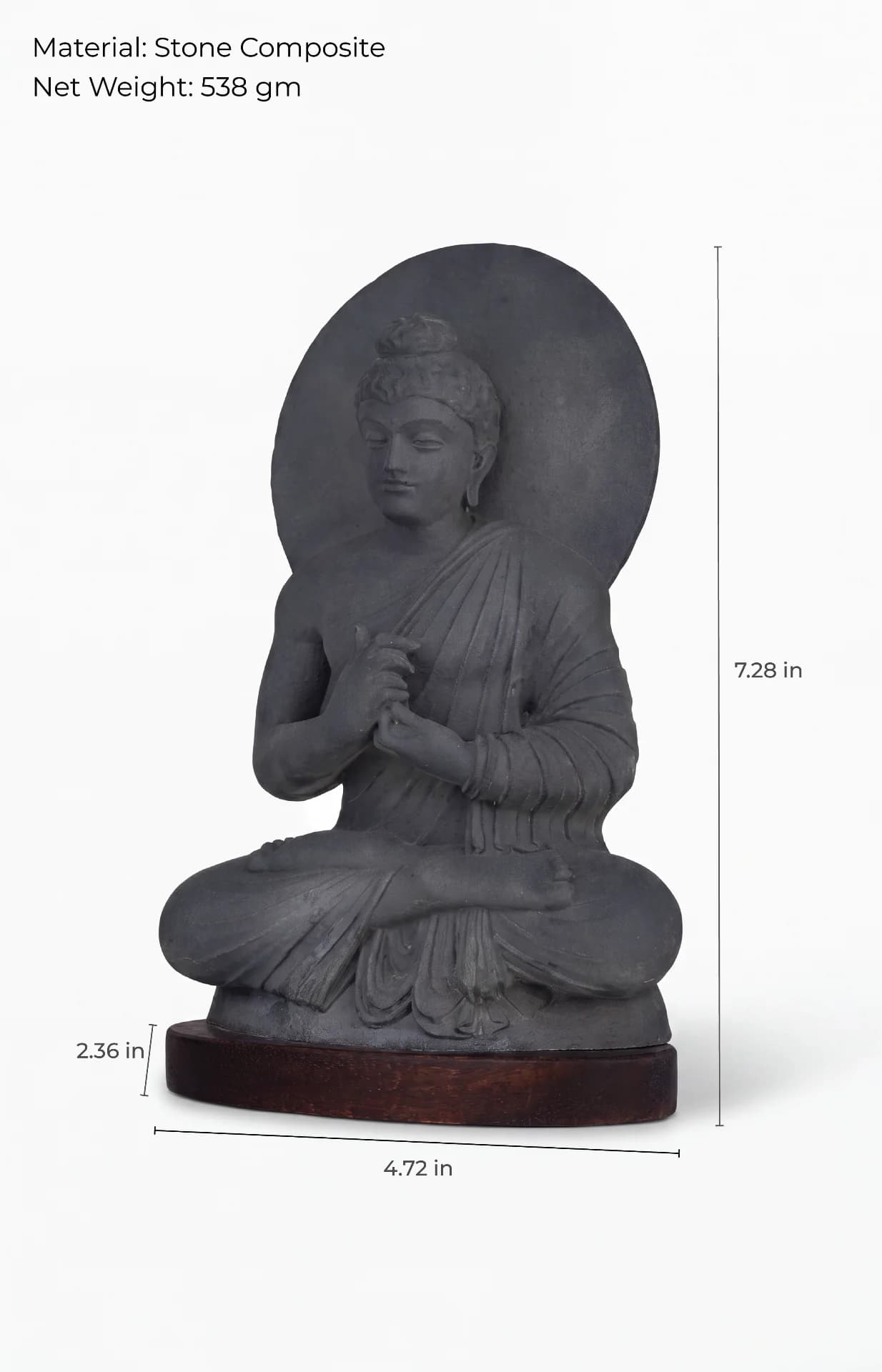 A front-facing view of the Preaching Buddha stone composite statue, displayed with measurement lines indicating its height and width.