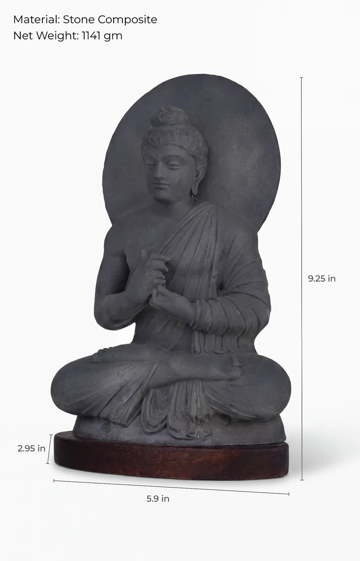 A front-facing view of the Preaching Buddha statue, crafted from stone composite, featuring measurement lines for scale.
