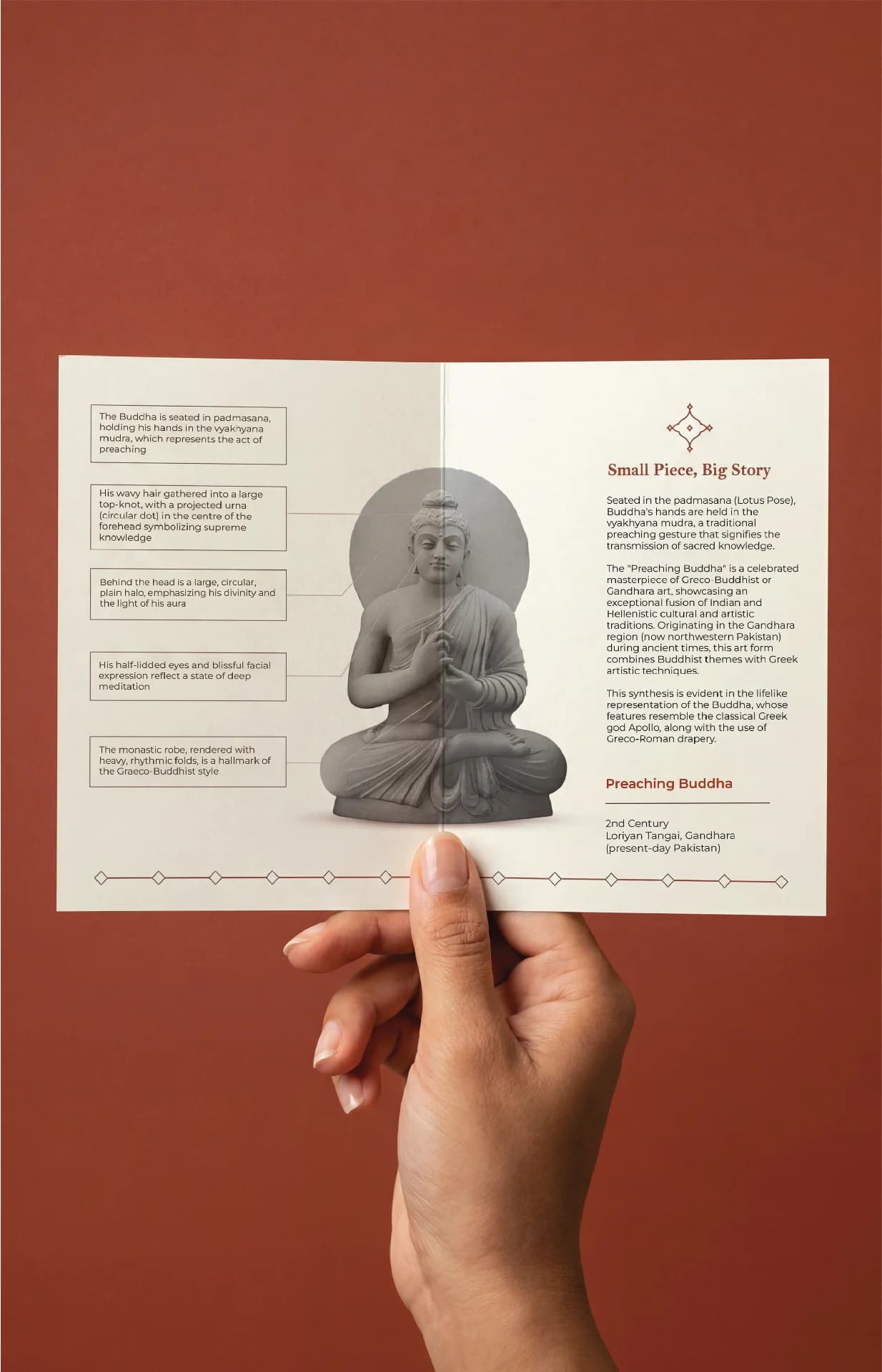A hand holds an informational brochure about the Preaching Buddha, featuring detailed annotations on its Gandhara style stone composite sculpture.