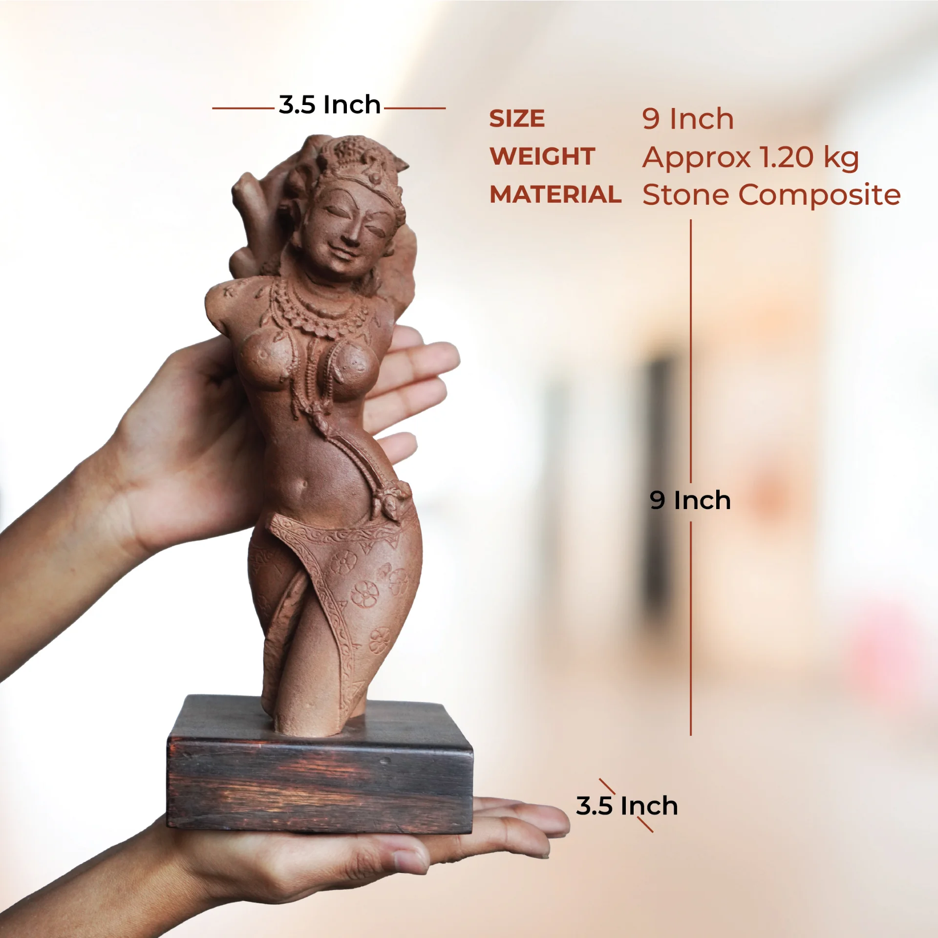 A person holds the Salabhanjika Sculpture, a stone composite replica, showing its scale with dimension labels for height and width.