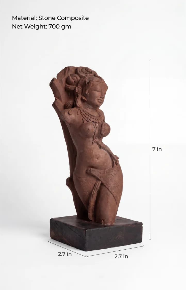 A three-quarter view of the Salabhanjika Sculpture, a stone composite museum replica showing height and width measurements.