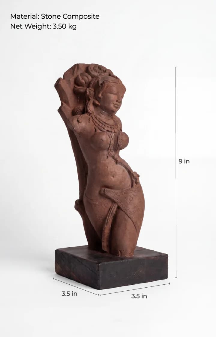 A Salabhanjika Sculpture museum replica in stone composite, shown from a three-quarter angle with annotated height and width measurements.