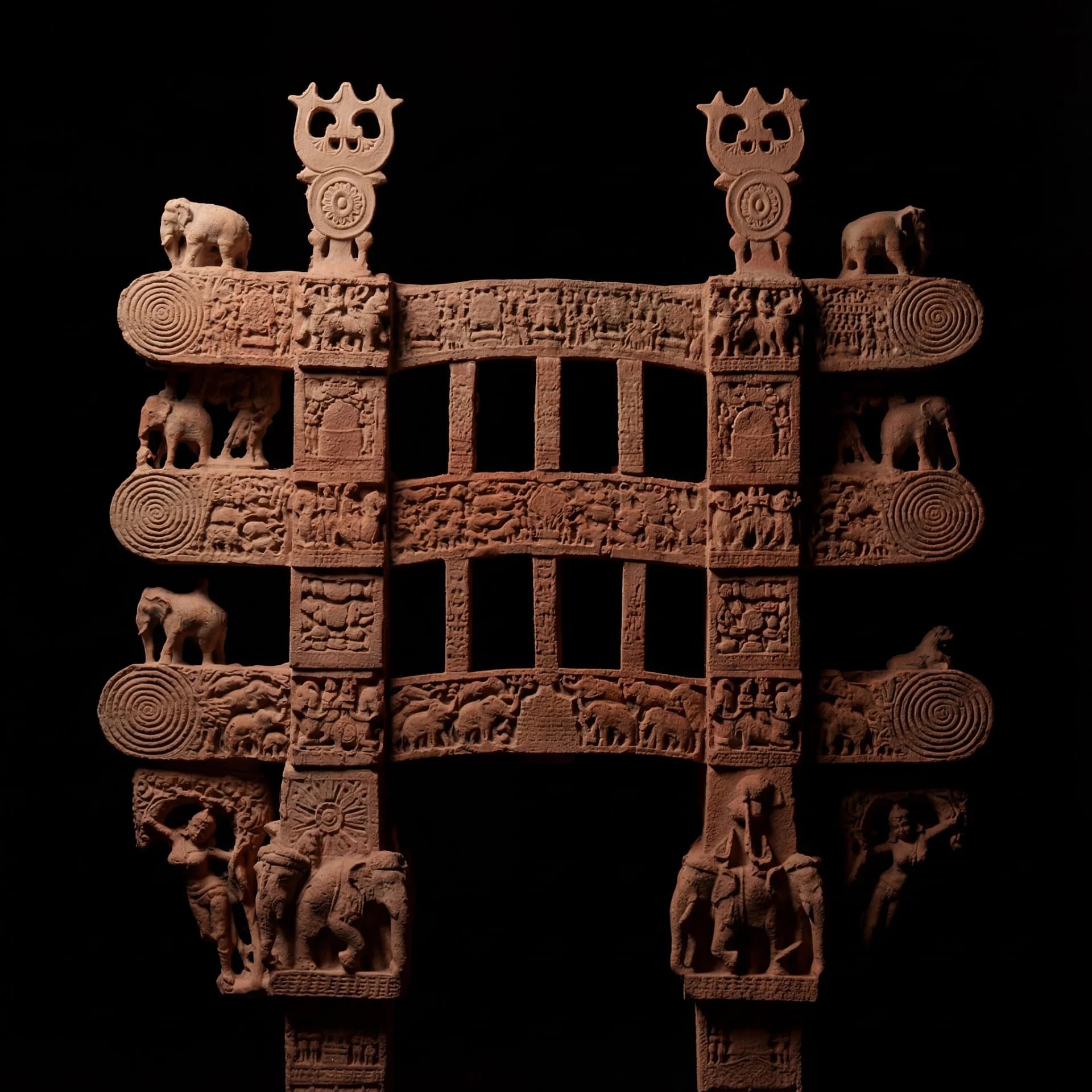 A front-facing view of the Sanchi Torana Gateway Miniature, featuring intricate stone composite carvings of elephants and ancient Buddhist narratives.