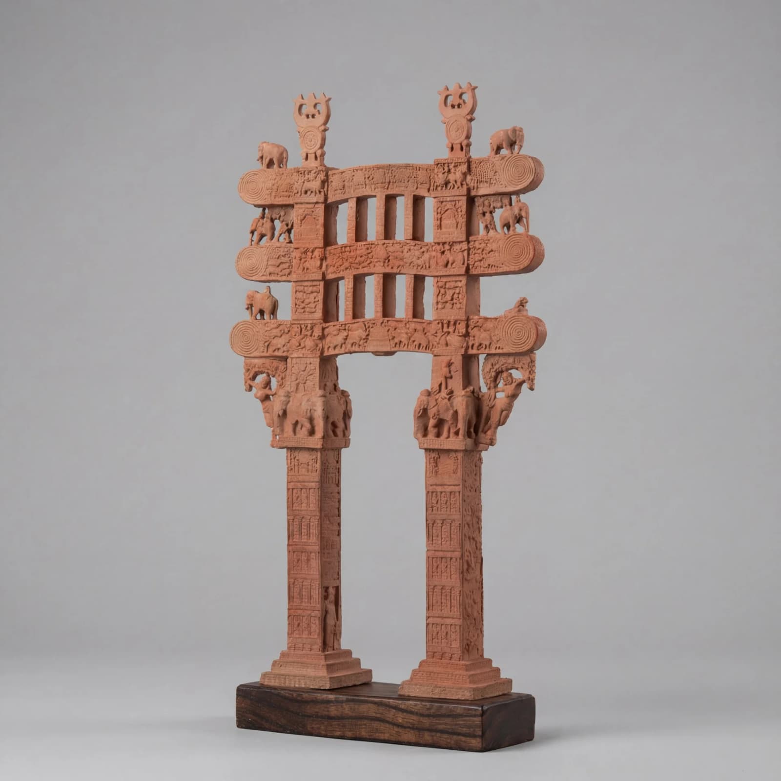 A Sanchi Torana Gateway Miniature made of stone composite, showing intricate carvings of elephants and figures on a wooden base.