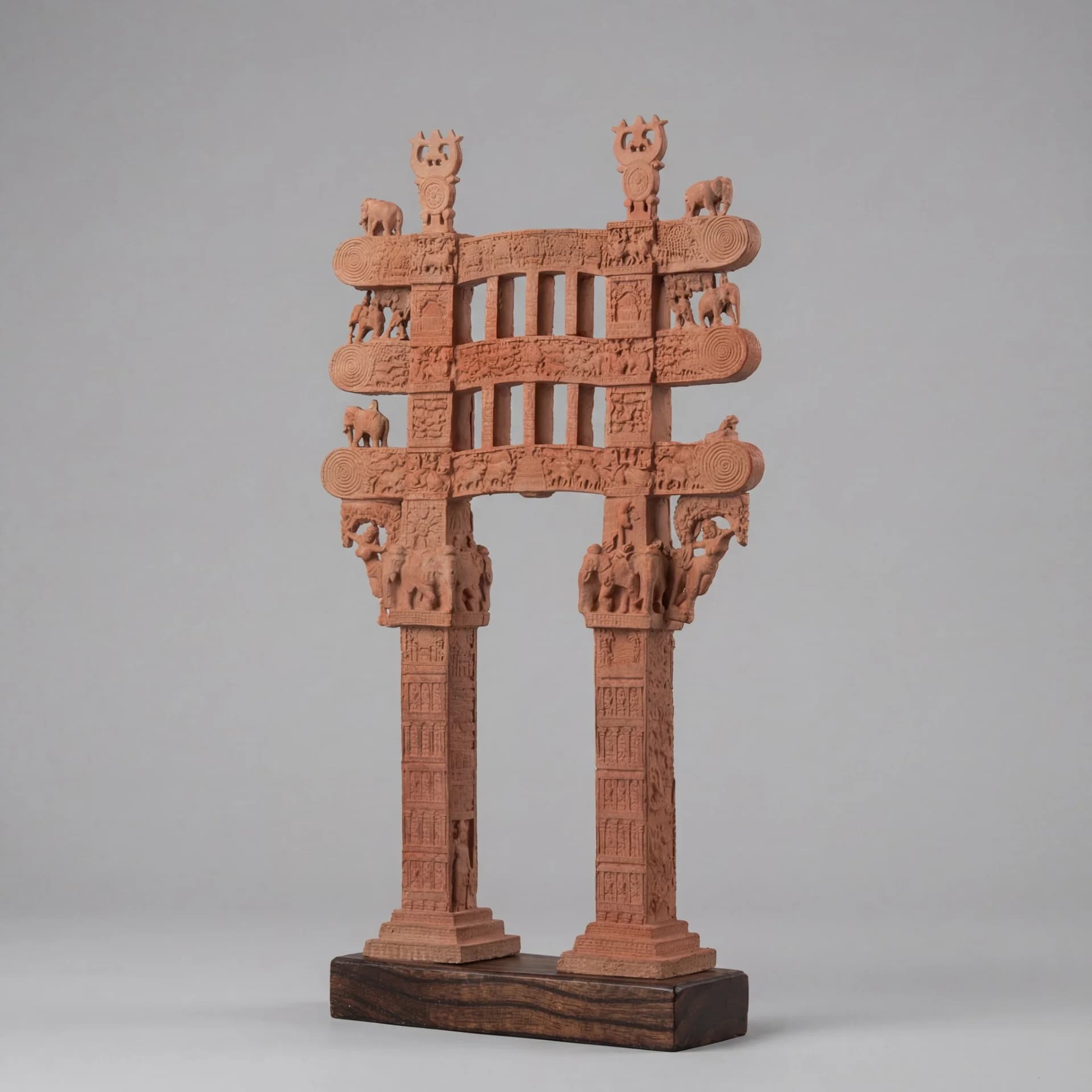 A Sanchi Torana Gateway Miniature made of stone composite, showing intricate carvings of elephants and figures on a wooden base.