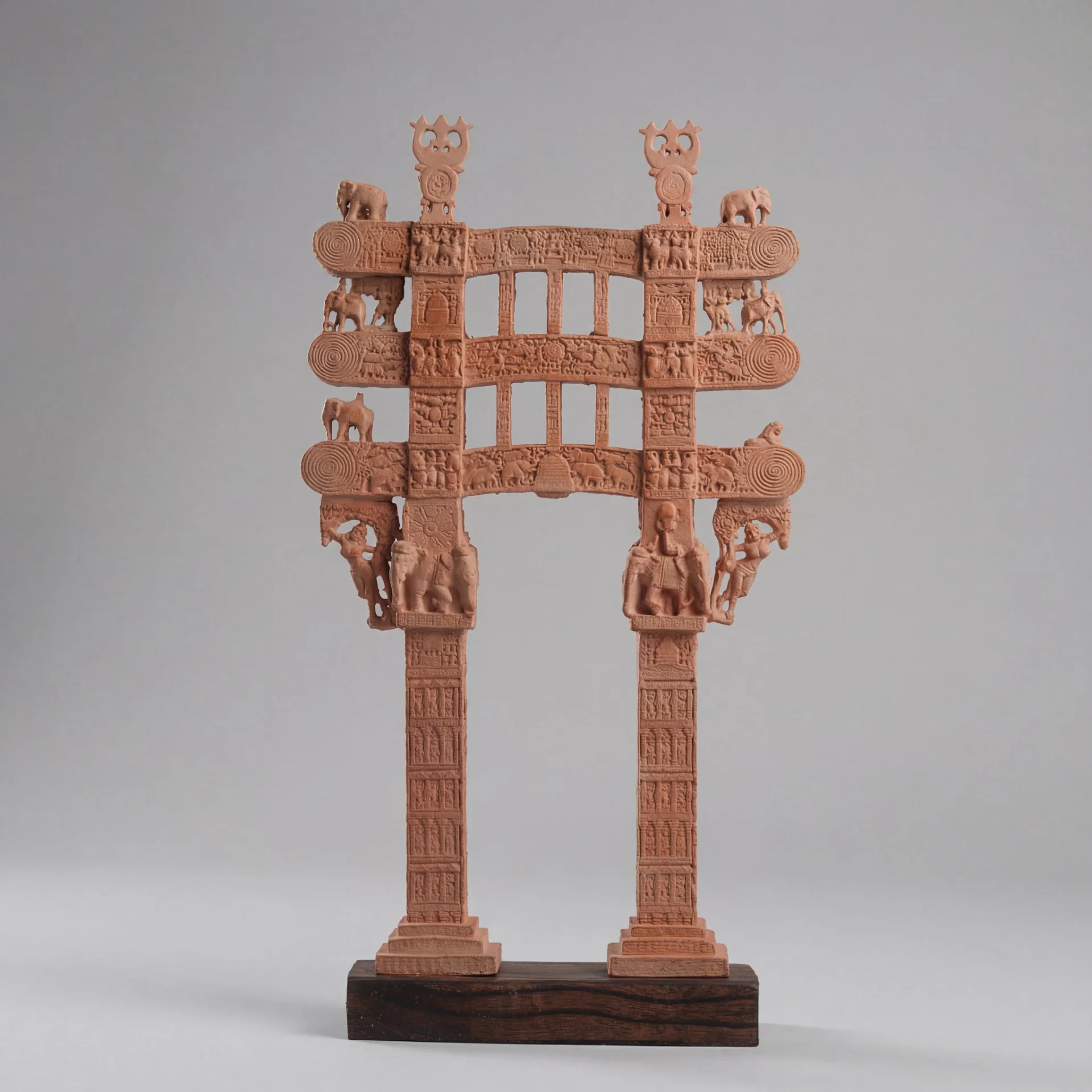 A full-front view of the Sanchi Torana Gateway Miniature, a detailed stone composite replica featuring intricate carvings on a wooden base.