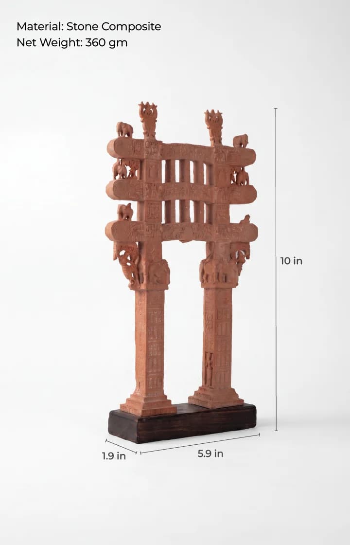 A Sanchi Torana Gateway Miniature made of stone composite, shown from a three-quarter angle with measurement labels indicating height and width.