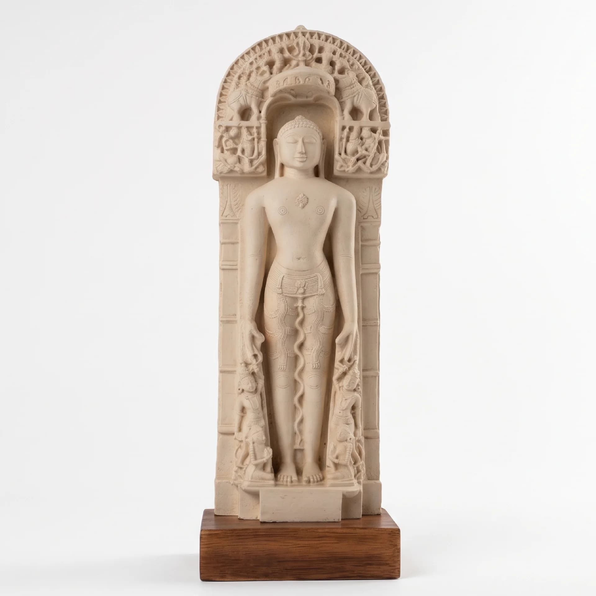 A full front view of the Shantinath Sculpture, a marble-style museum replica featuring intricate carvings and a wooden base.