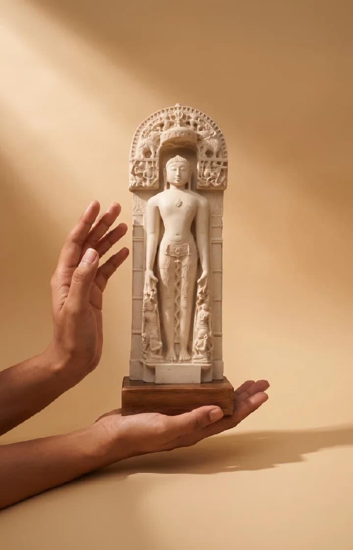 Hands gently cradle the Shantinath Sculpture, a detailed marble museum replica featuring intricate carvings of a Jain Tirthankara figure.