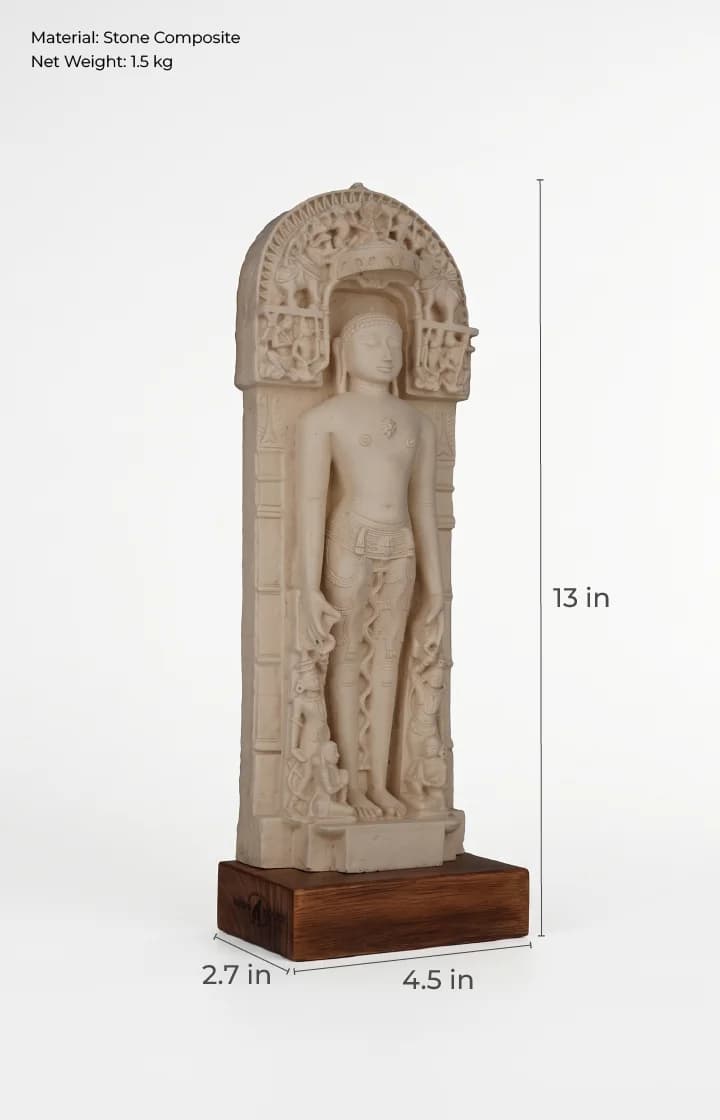 A three-quarter view of the Shantinath Sculpture museum replica, showing intricate stone composite carvings and labeled product dimensions.
