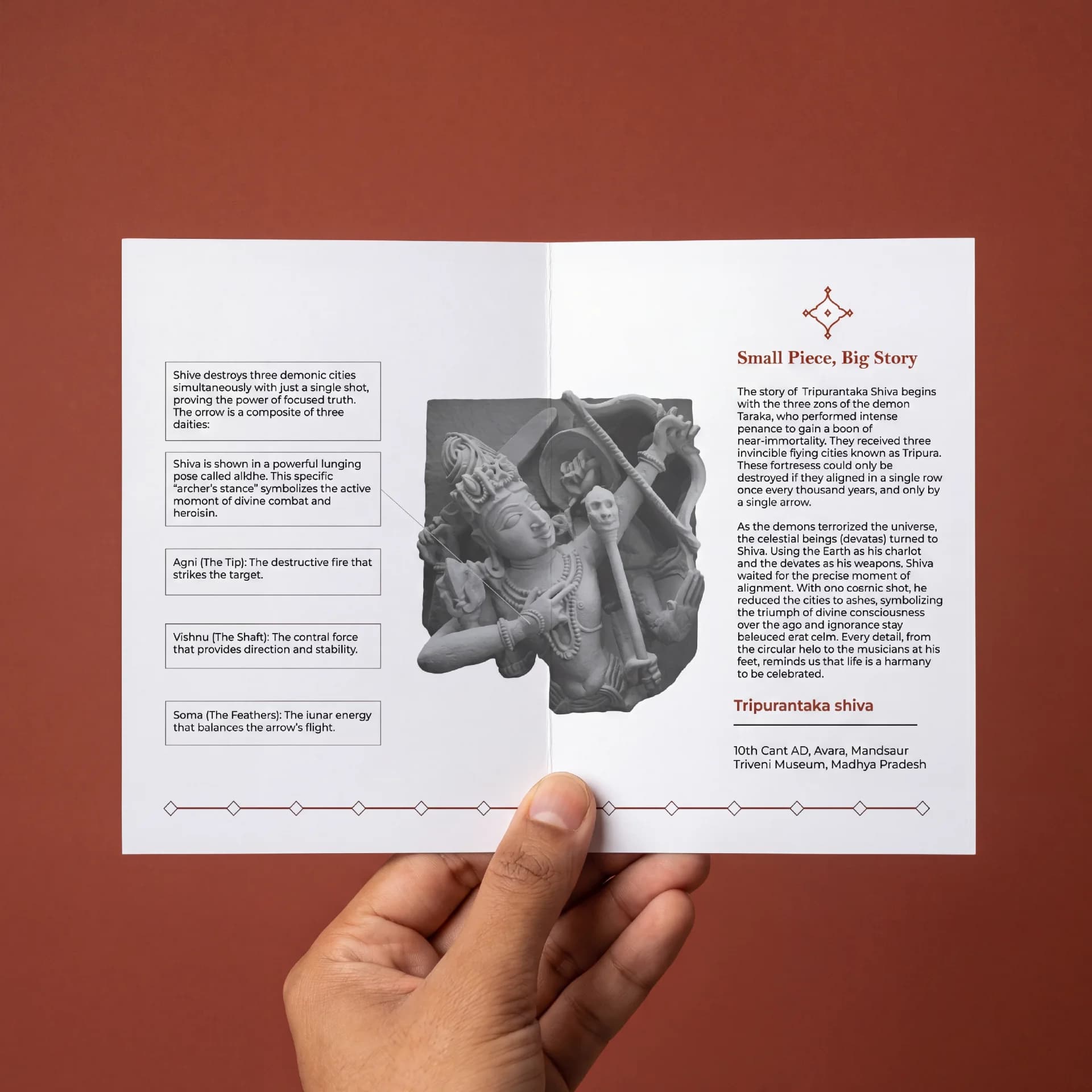 A hand holds an open brochure featuring the stone composite Tripurantaka Shiva sculpture with detailed annotations explaining its iconography.