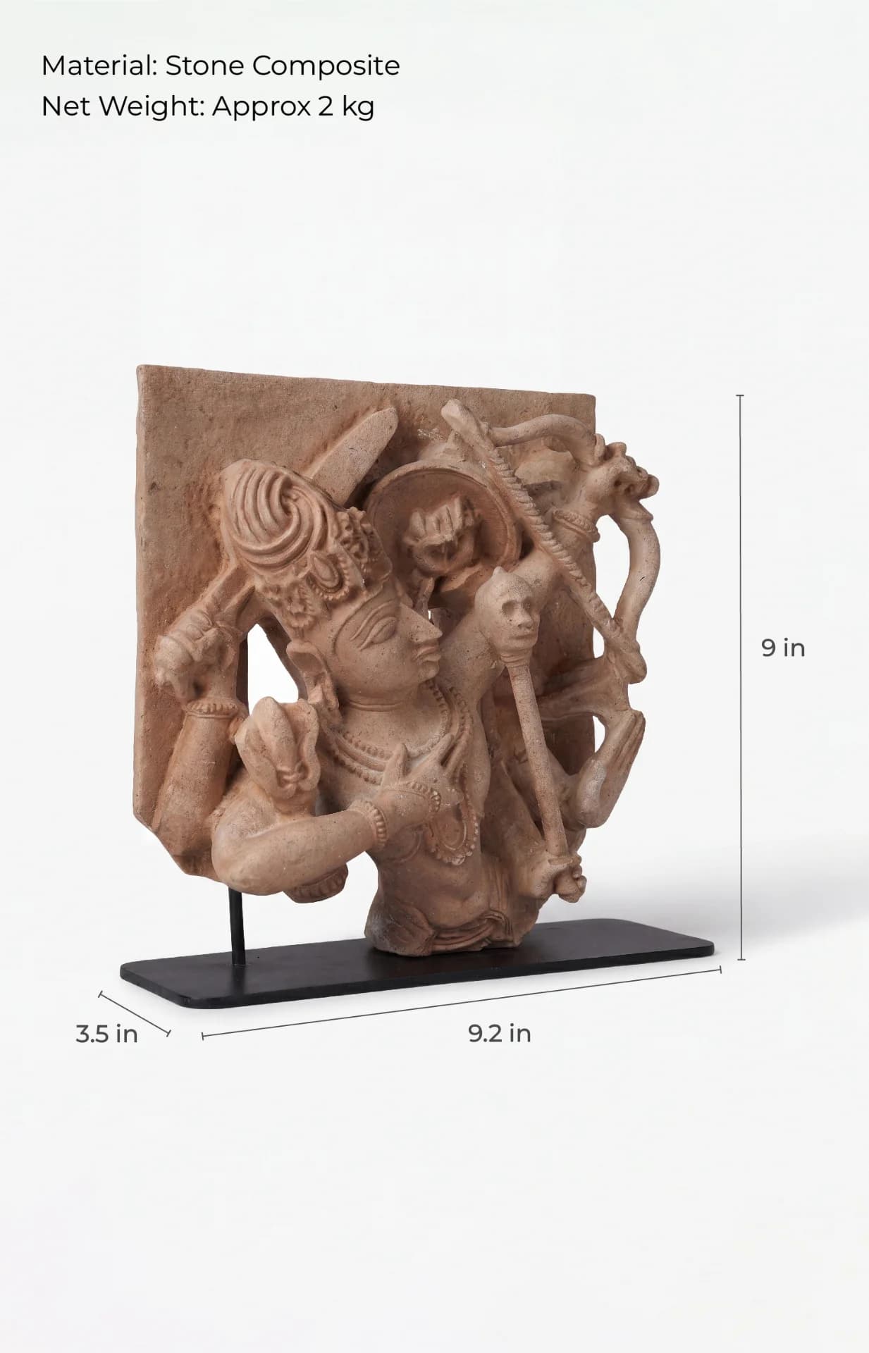 A stone composite Tripurantaka Shiva sculpture shown from a three-quarter angle, featuring measurement lines for height and width.