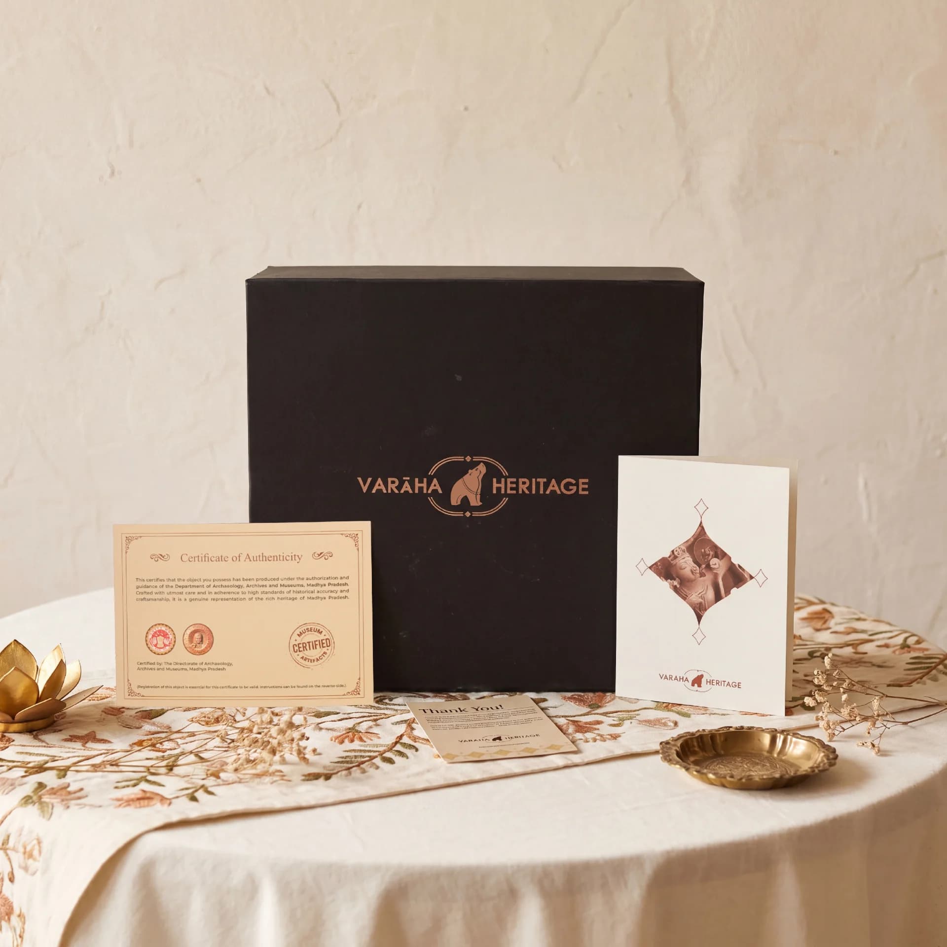 The Tripurantaka Shiva stone composite replica arrives in a premium black box with a certificate of authenticity and informational card.