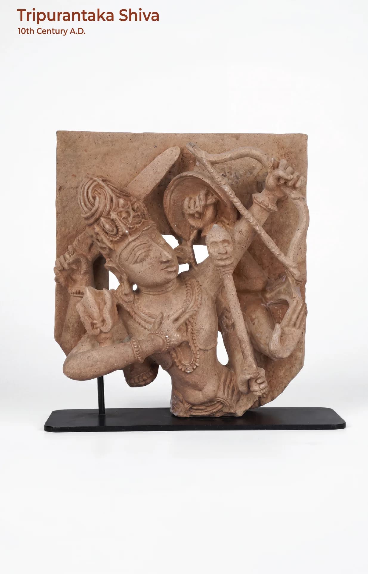 A front view of the Tripurantaka Shiva Sculpture, a stone composite replica showing the deity holding a bow.
