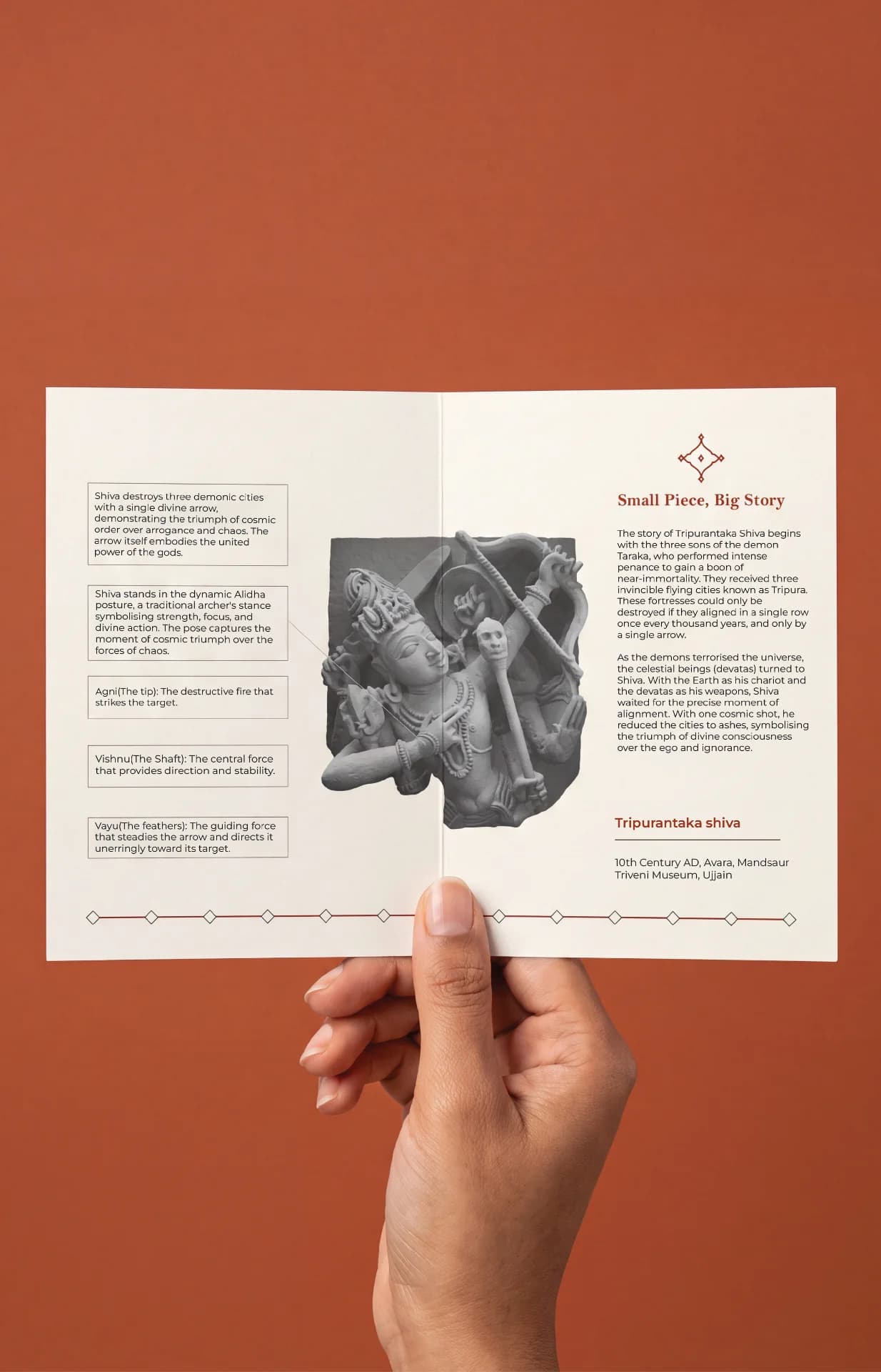 A hand holds an informational brochure featuring the Tripurantaka Shiva Sculpture stone composite replica with detailed historical annotations.