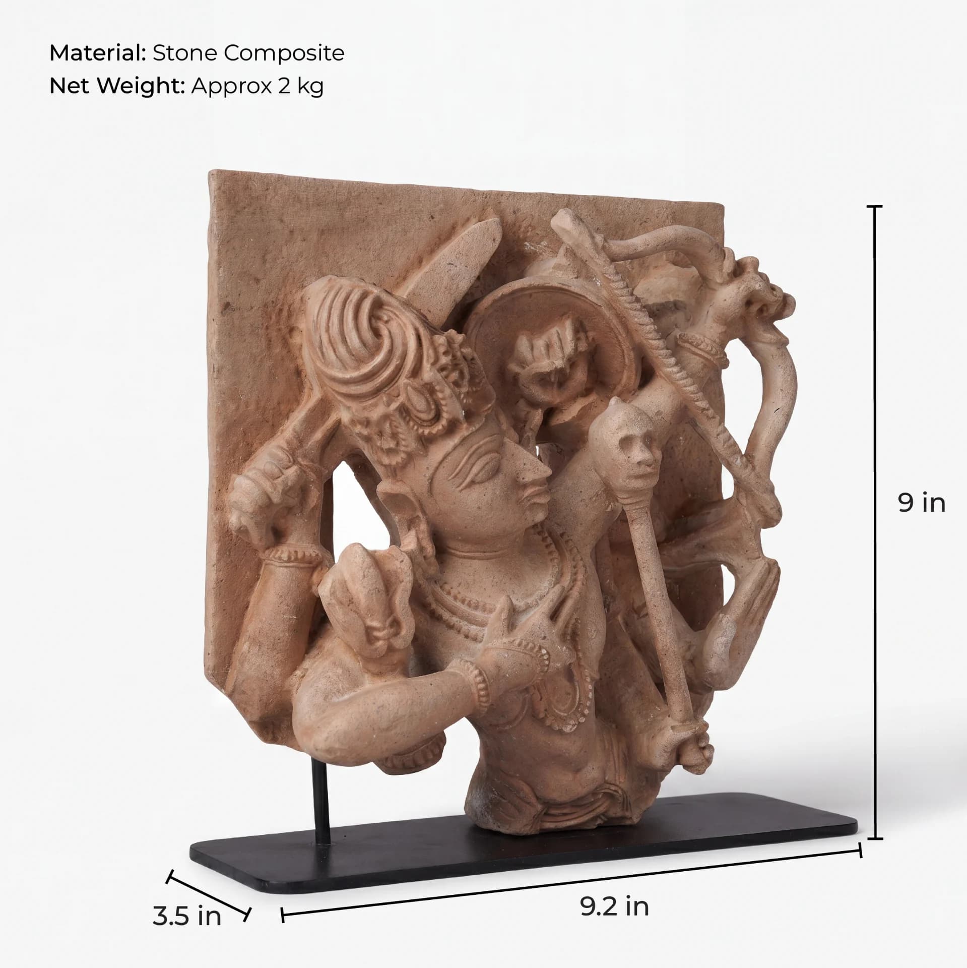 A three-quarter view of the Tripurantaka Shiva stone composite replica, showing the deity holding a bow on a black stand.