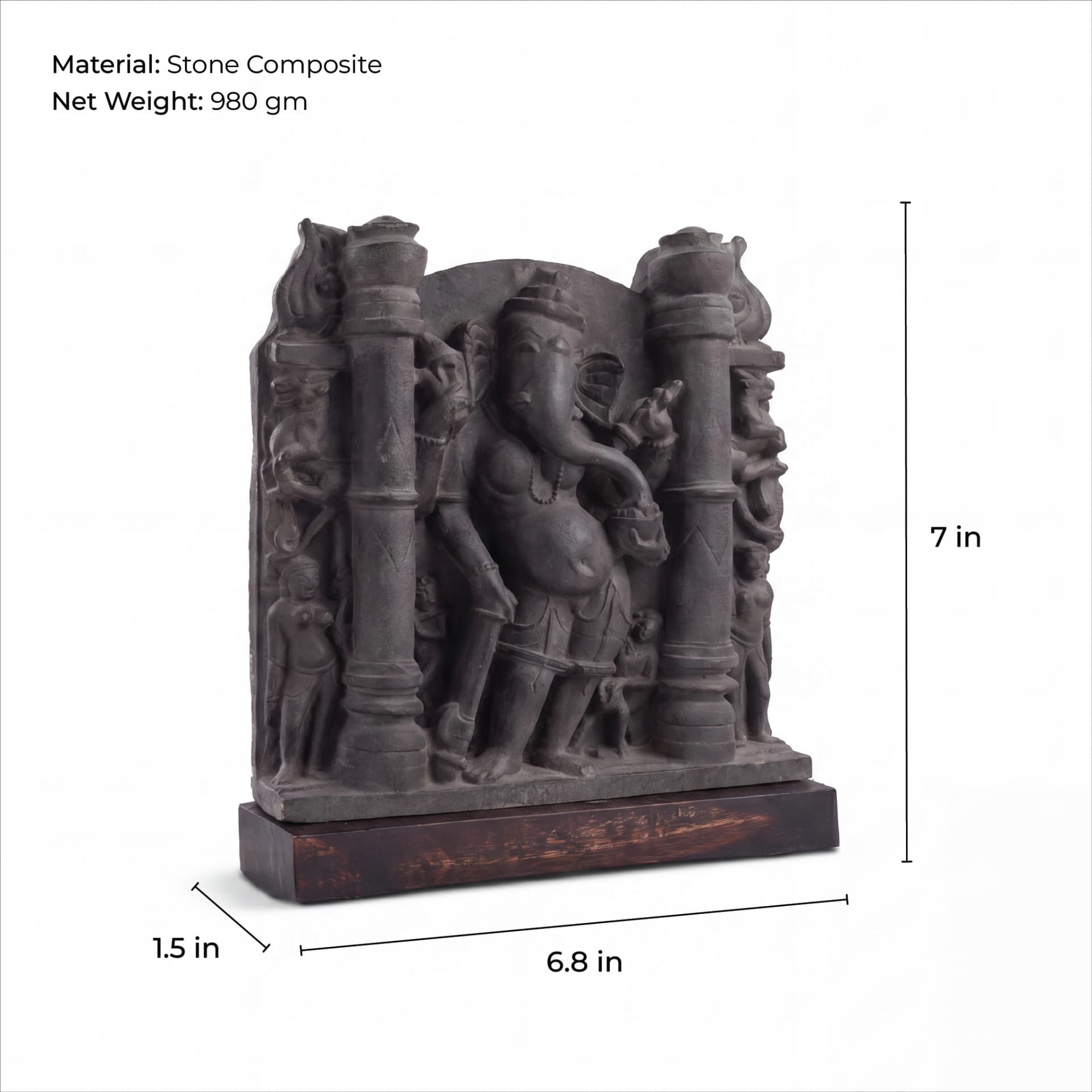 A three-quarter view of the Vinayaki Sculpture, a dark stone composite replica featuring detailed temple carvings and dimensions.