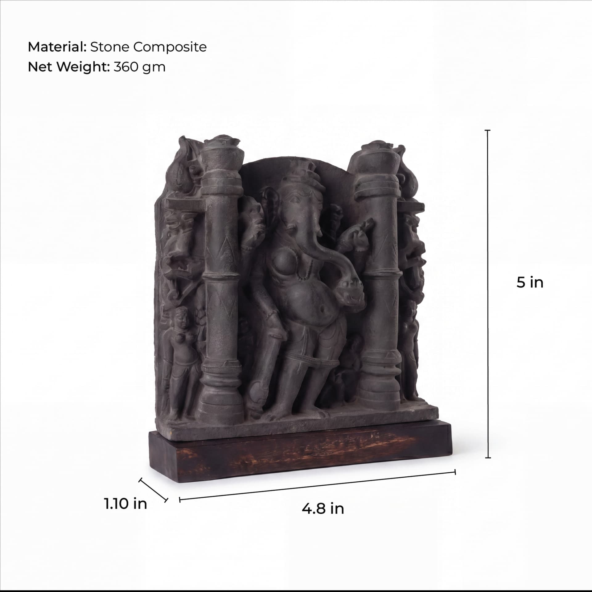 A three-quarter view of the Vinayaki Sculpture, a stone composite replica showing detailed temple art with measurement annotations.